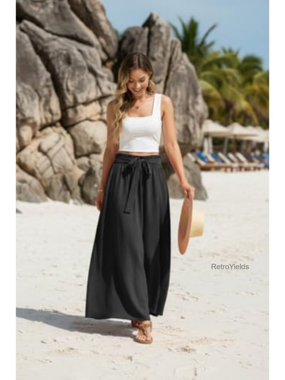 Womens High Waisted Flowy A Line Maxi Skirt with Tie Waist - Picture 2 of 6